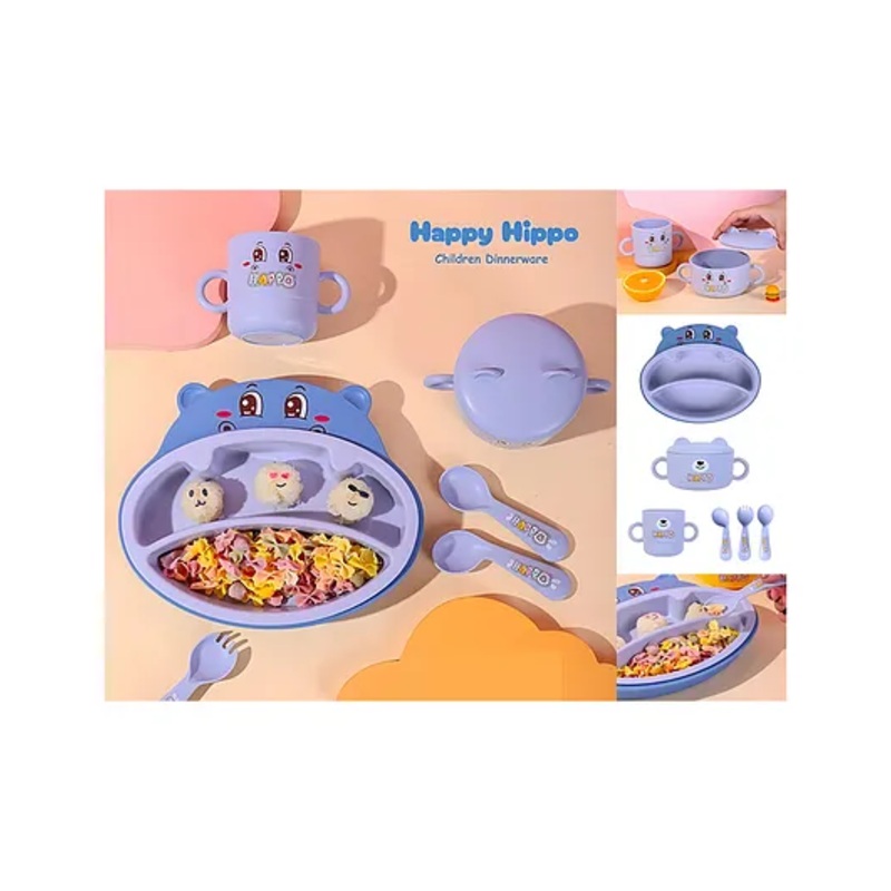 SCHOOLISH Cute Baby hippo animal bamboo feeding set. Get your kiddos excited for meal time with this Fun Bamboo Tableware set – Set of 6