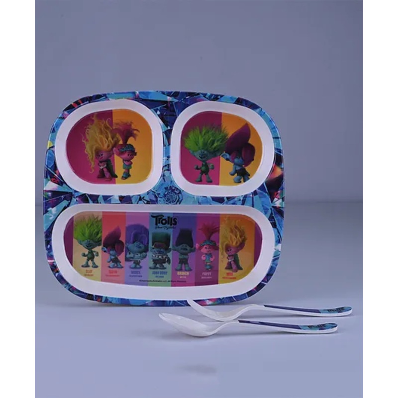 Servewell Trolls Theme 3 Section Rectangular Plate with Fork & Spoon – Multicolor