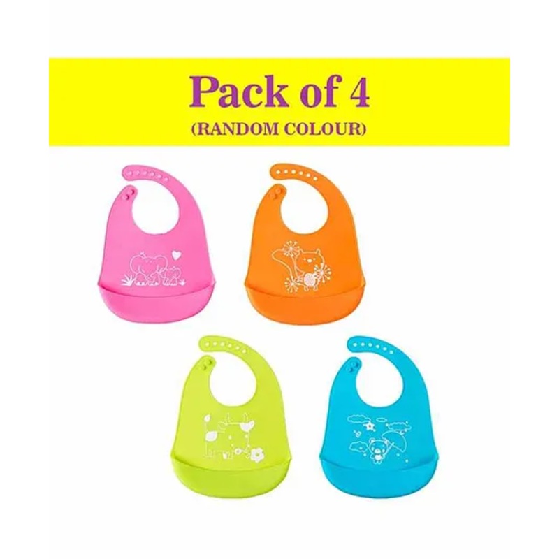 Syga Waterproof Silicone Bibs with Crumb Catcher – Pack of 4(Color May Vary)