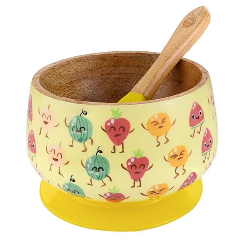Taabartoli Truly Fruity Wooden Suction Bowl and Spoon Set – Yellow
