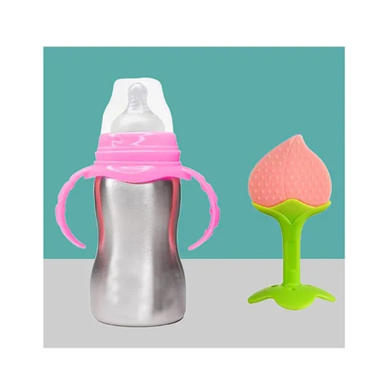 The Cheeky Kidzz Baby 2 in 1 Multi-functional Baby Stainless Steel Milk Juice Feeding Bottle Cum Sipper Bottle With Fruit Shape Silicone Peach Standing Shape Teether Bpa Free (Peach) 240 ml