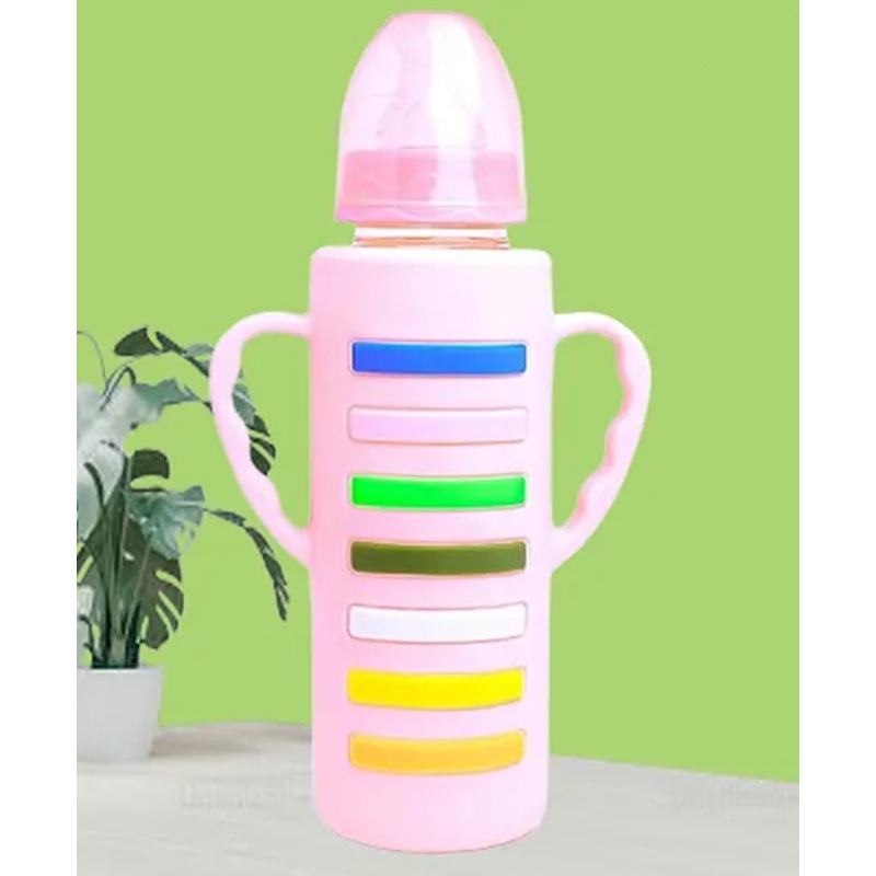 The Cheeky Kidzz Baby Borosilicate Glass Feeding Bottle Twin Handle With Silicone Cover BPA Free – 240 ml (PINK STRIP)