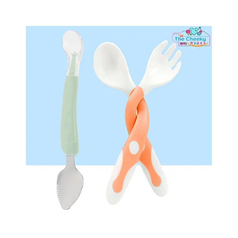 The Cheeky Kidzz Baby Double Head Steel Scraper Silicone Spoon With Soft Silicone Bendable Spoon Fork Set for Kids BPA Free (MULTICOLOUR)