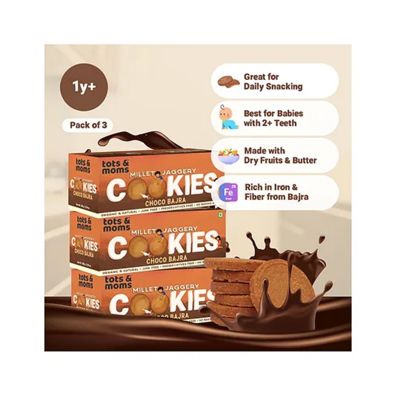 Tots & Moms Millet & Jaggery Cookies | Choco Bajra | Pack of 3 | 150g Each
