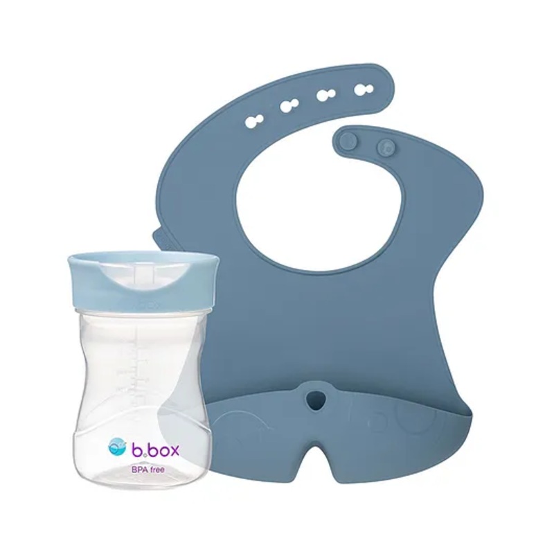 b.box Training Cup + Silicone Bib Combo | Blue | Easy-Grip Cup & Roll-Up Bib with Food Catcher | BPA-Free, Dishwasher Safe | 4m+