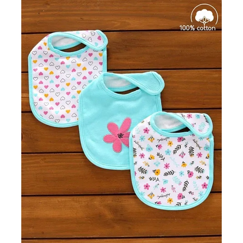 Babyhug Cotton Bibs Flower Embroidery Set of 3 – Green & White