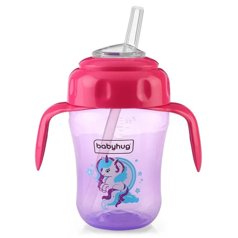 Babyhug Sipper Cup with Soft Silicone Spout & Straw Unicorn Print Purple – 210 ml