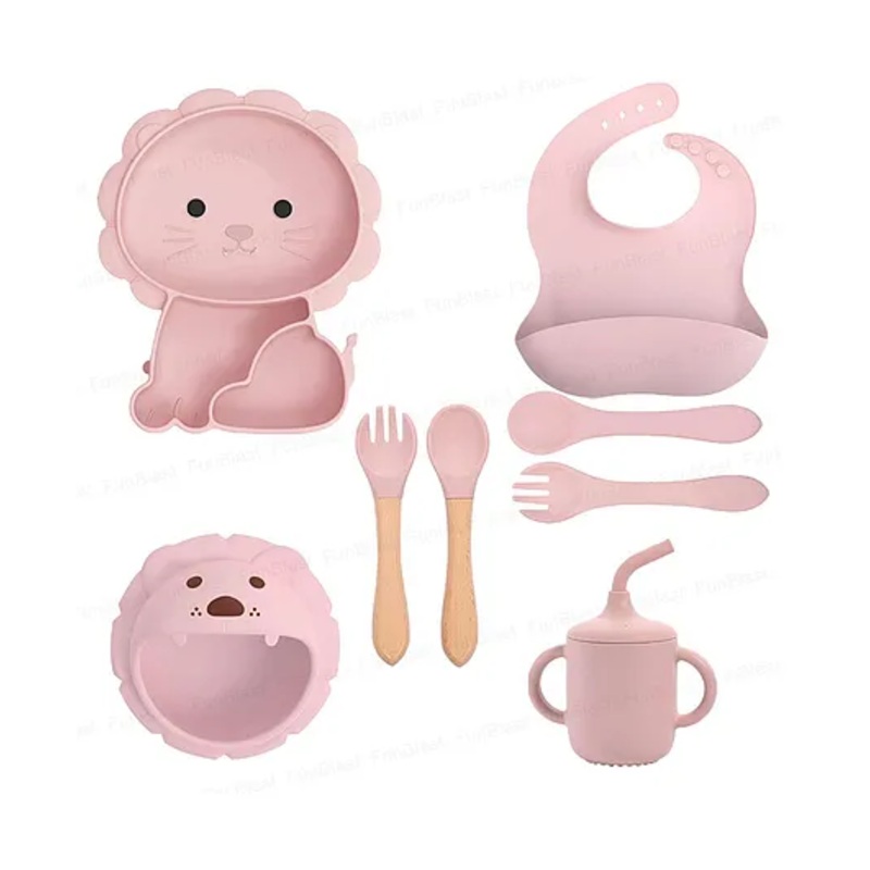 FunBlast Lion Theme Silicone Baby Tableware Feeding Set  8 Pcs Light Pink