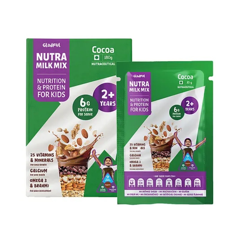 Gladful NutraMilk Healthy Chocolate Milk Mix 180g Pack of 6, 2+ Years, 6g Protein Per Serve, No Preservatives, Immunity & Growth, Bone Health & Brain Development Made with Ragi, Oats Bajra & Nuts