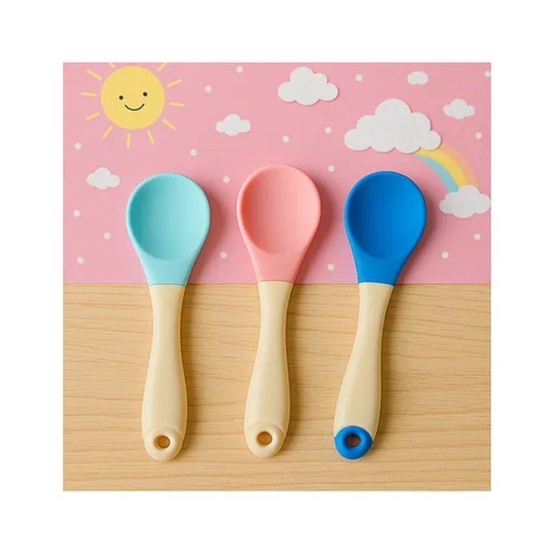 KIDS BASIC Silicone Spoon With Plastic Handle, BPA Free Spoon For Baby, Infants – Blue, Green & Pink (Pack of 3)