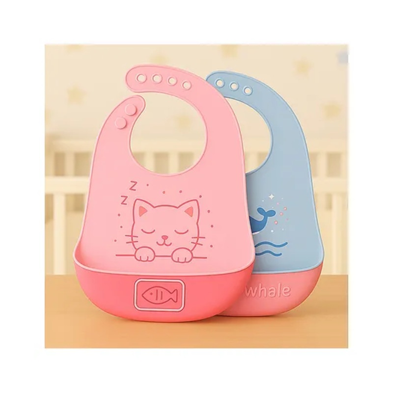 KIDS BASIC Soft Silicone Baby Bib with Food Pocket , Waterproof & Adjustable – Dark Pink & Blue Whale (Pack of 2)