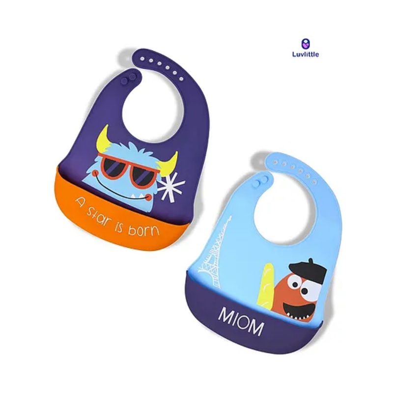 Luvlittle Silicone Waterproof Feeding Bibs With Adjustable Strap Pack of 2 – NavyBlue & SkyBlue (Print May Vary)