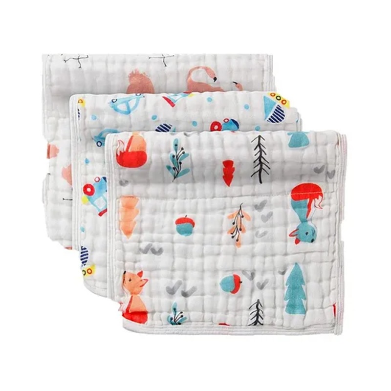 Mom’s Home 6 Layered Muslin Burp Cloth Set of 3 (Assorted Prints ) – White