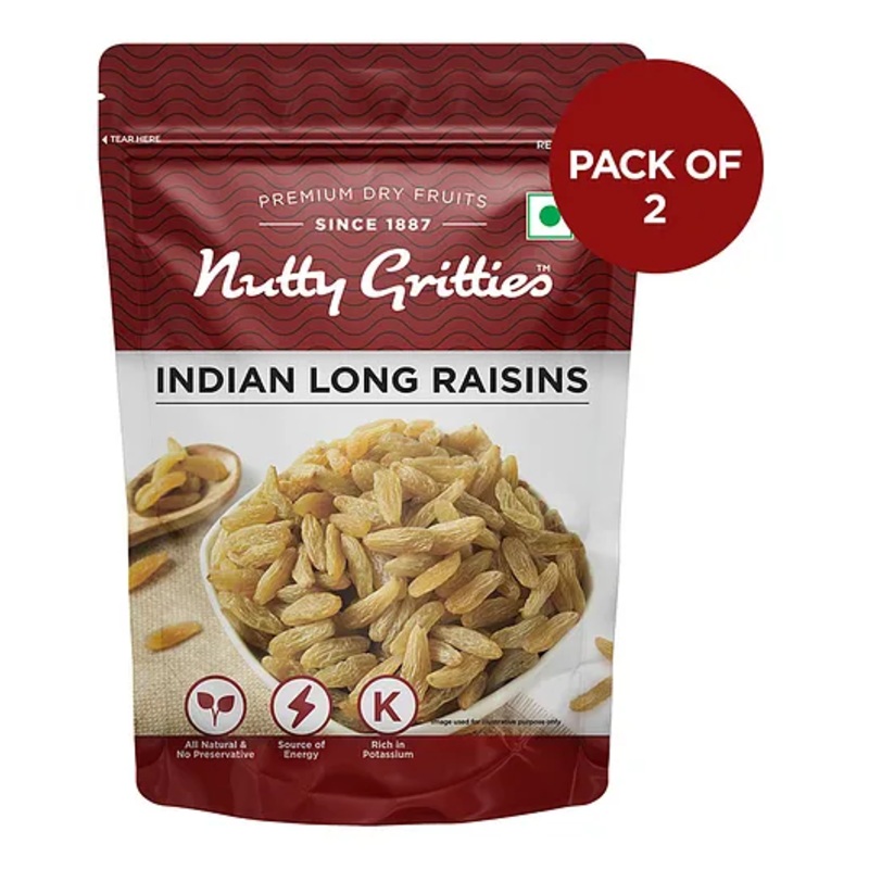 Nutty Gritties Long Seedless Premium Indian Green Raisins Pack of 2 – 200 gm