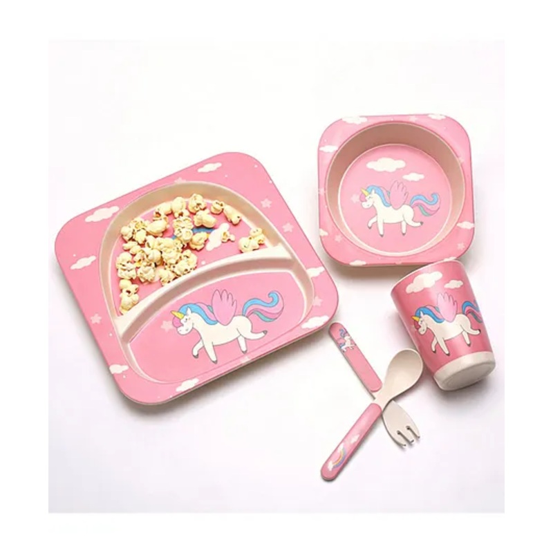 Polka Tots Eco-Friendly 5-Piece Bamboo Fiber Feeding Set For Babies, Toddlers, & Kids Includes Plate, Bowl, Glass, Spoon, Fork  Unicorn Design | Kids Tableware & Crockery Set