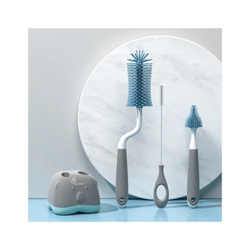R for Rabbit Hygo Care Teddy Baby Bottles Cleaning Brushes 360 Rotatable, Feeding Bottle Nipple & Straw Cleaner Set with Anti Slip Handle, Easy To Clean Corner, BPA-Free Silicone Bristles(Grey Blue)