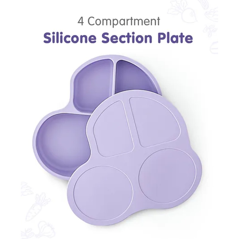 Silicone Dish with Lid Silicone Sectioned Suction Plate Cum Feeding Set With Lid Cover for Babies – Purple