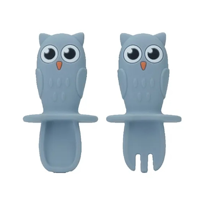 StarKiddo LittleOwl Infant Feeding Spoon & Fork| Silicone Kids Cutlery Set | Utensils Spoon Fork |Training Feeding for Kids Toddlers| Premium, Safe & Stylish | BPA Free (Light Blue)