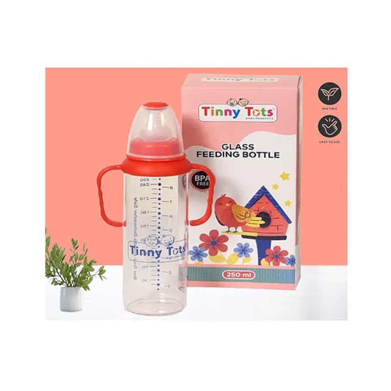 Tinny Tots Baby High Borosilicate Glass Feeding Feeder 240ml Bottle With Twin Handles And Anti Colic Silicone Nipple Feeder BPA Free (Red)