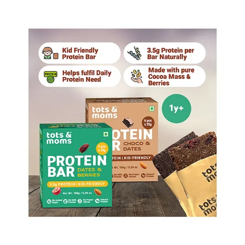 Tots & Moms Natural Protein Bars – Choco flavored Dates, Nuts & Cranberries, Pack of 2 | 3.5g Protein per Bar | Rich in Antioxidants & Fiber | Free from Refined Sugar & Preservatives | (25g X 6) 150g – Each