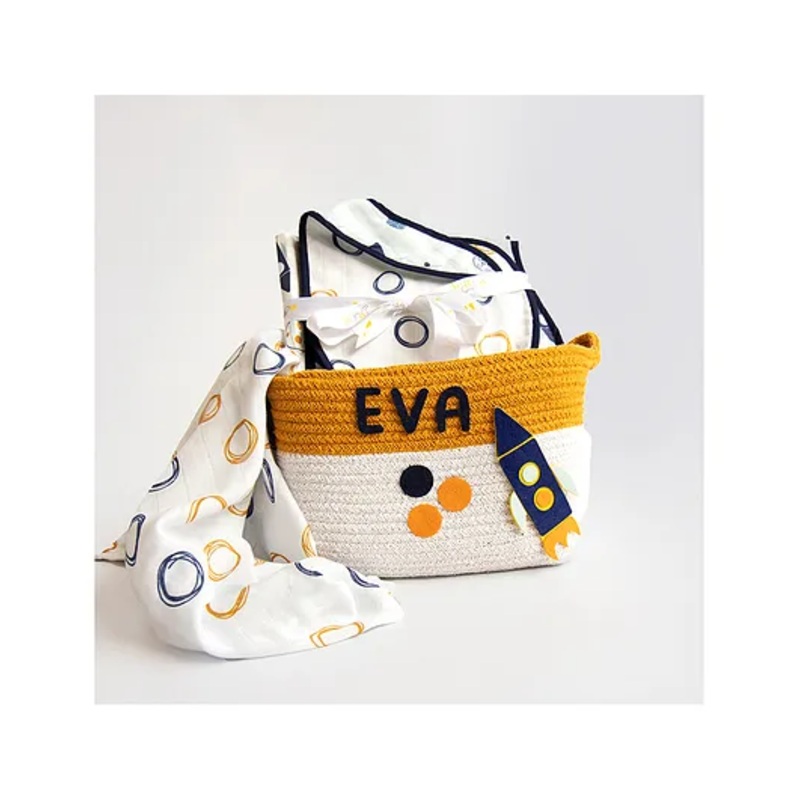 Yellow Doodle Doodle Circles Organic Cotton Muslin Gift Basket – Blue