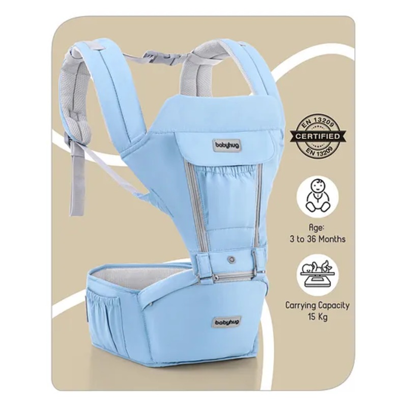 Babyhug Cherish 5-in-1 Hip Seat Baby Carrier:  Ergonomic design with padded straps, Breathable fabric, Foldable head support, storage pockets, and 5 carrying positions for babies up to 15 kg-Blue