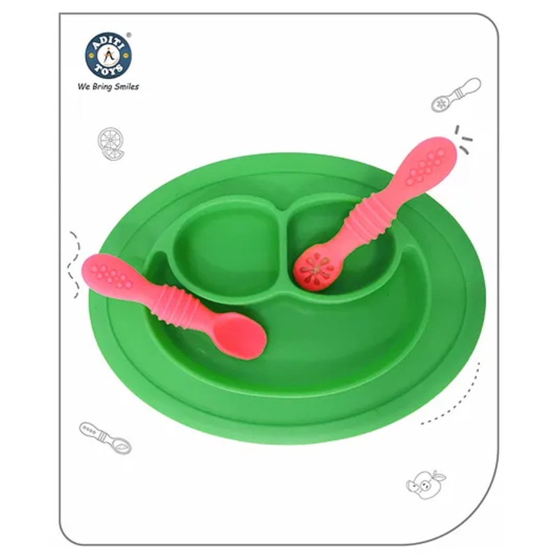 Aditi Toys Oval Baby Food Tray, Silicon Food Plate With Multiple Compartments & Two Spoons Silicone Plate For Feeding Baby, Easy To Clean Silicon Plate Microwave & Dishwasher Safe – Dark Green