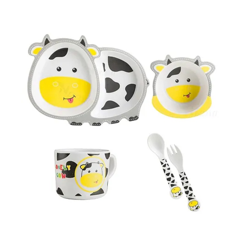 ARCADE TOYS Lovely Cow Shape Bamboo Multi Piece Feeding Set for Kids(Set of 5) – Multicolour