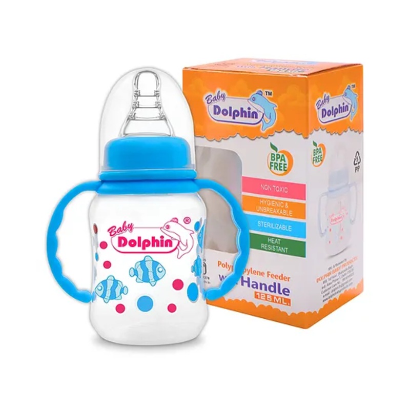 Baby Dolphin Anti-Colic Plastic Feeding Bottle 125ml with Handle | Pack of 1 | Liquid Silicone Nipple | BPA Free| Anti-Colic | Handle Feeding Bottle | Baby Milk Bottle | Blue.