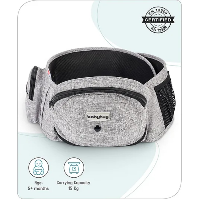Babyhug Snug Rider Multi-function Hip Seat: Soft padded seat, Adjustable fit, Comfortable lumbar support, Secure fastening, and Two-way carrying for babies up to 15 kg  Grey