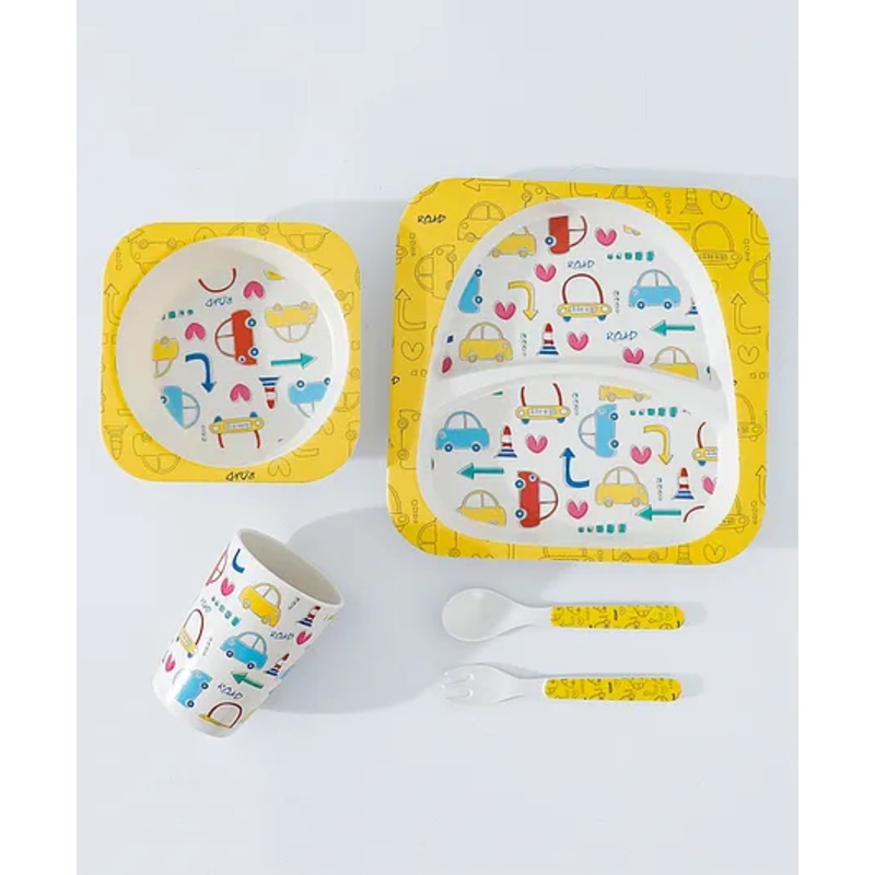 Bamboo Fiber Sectioned Feeding Set with Cars Print – Yellow