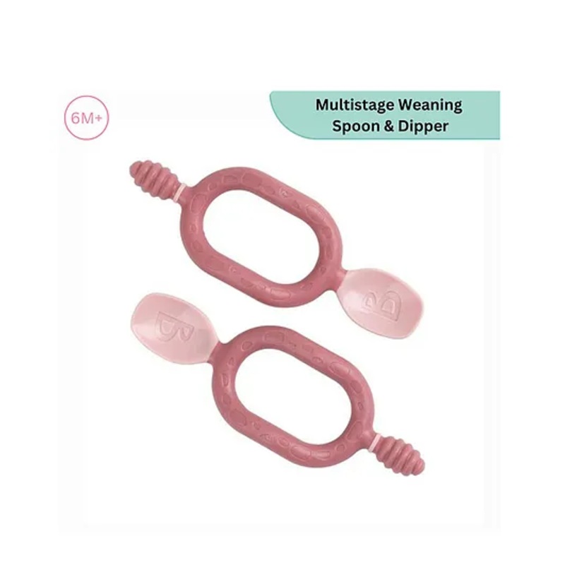 Bibado 2 in 1 Spoon and Dipper Set for Self Feeding, Easy Grip for toddlers- Pink (Pack of 2)
