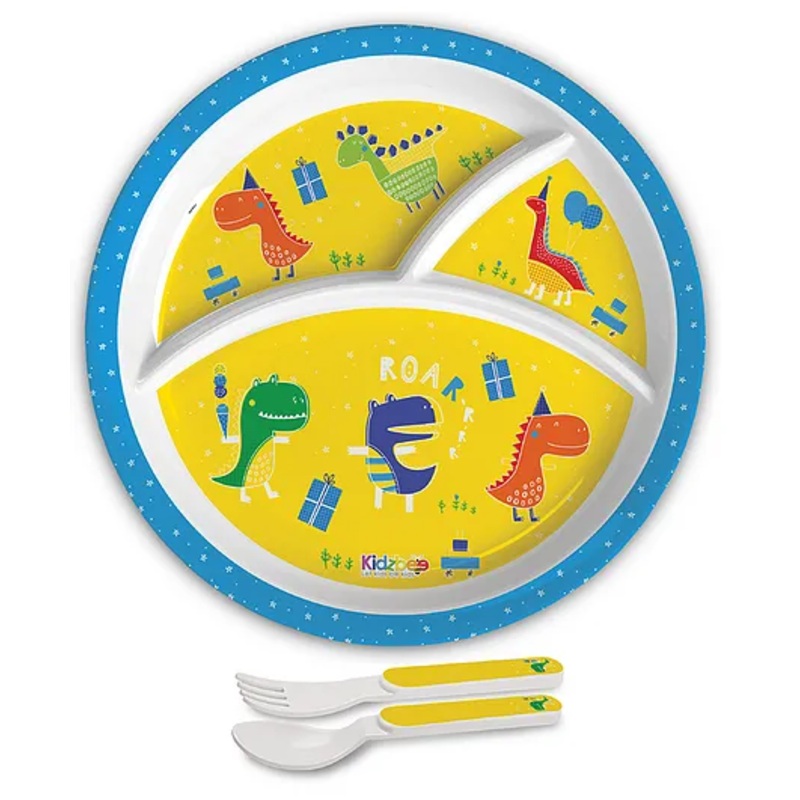 Cello Kidzbee Trioplate with Spoon and Fork Dino Print – Yellow