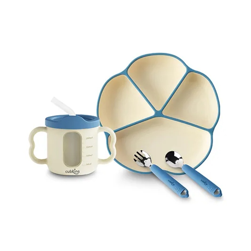 CUBKINS Set of 4 pcs – Plate, Dual Tone Sippy Cup, SS Spoon, SS Fork | Designed for Children | BPA Free, Food Grade, FDA Approved | Easy to Clean (Blue Olive)