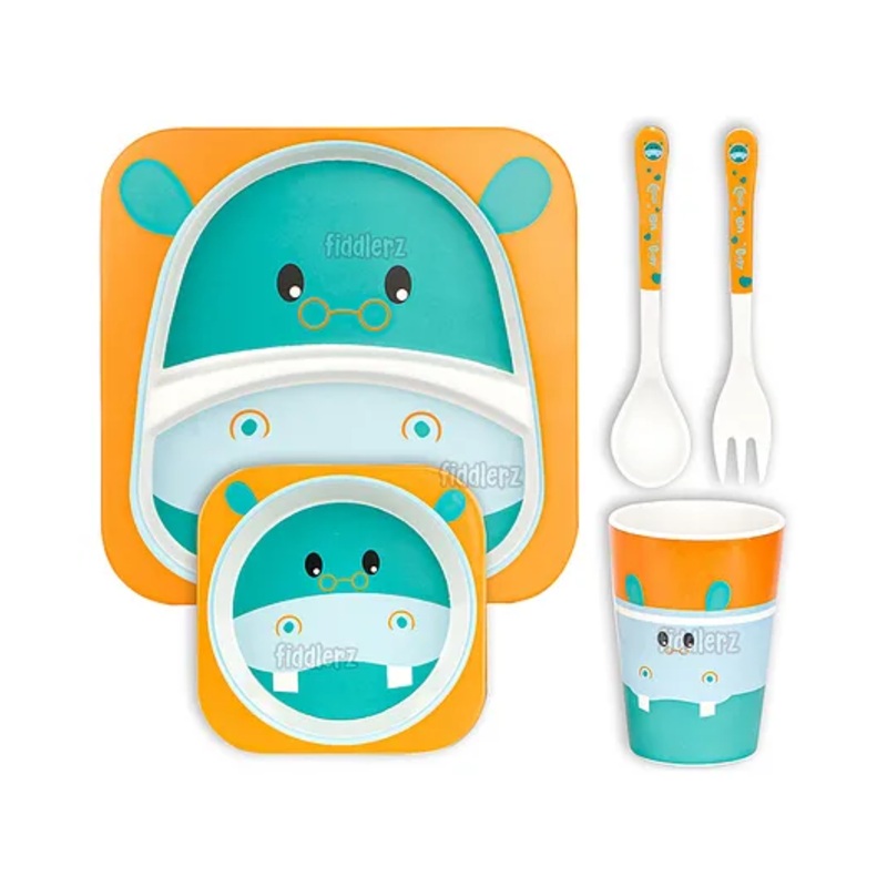 Fiddlerz Bamboo Tableware Kids Dinning Set Hippo Print Pack of 5 – Multicolor