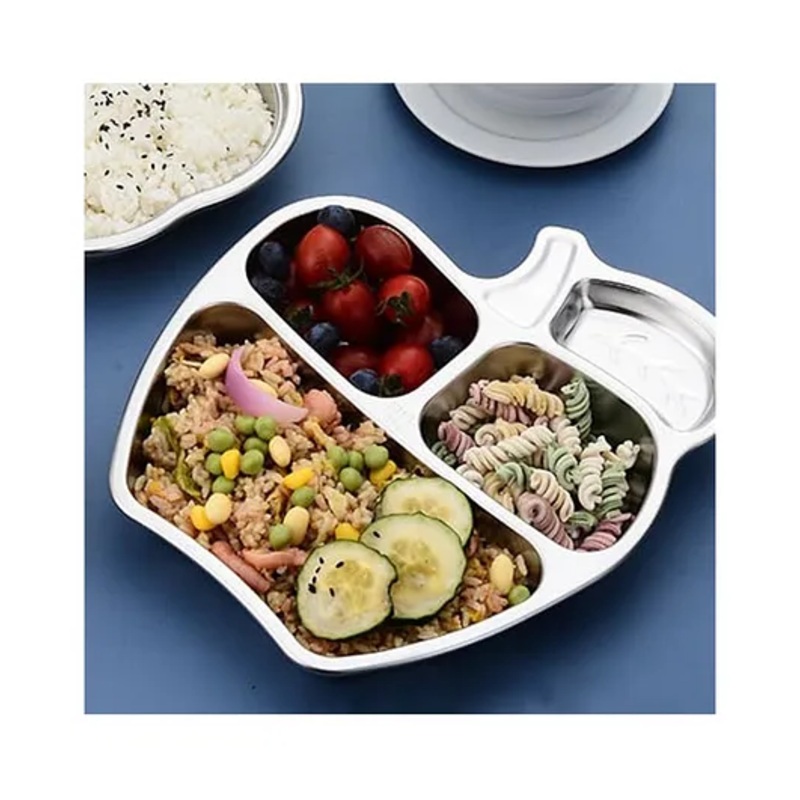 Happy Hues Stainless Steel Divided Meal Plate Tray-4 Compartments Dinner Dish for Babies & Toddlers-Apple