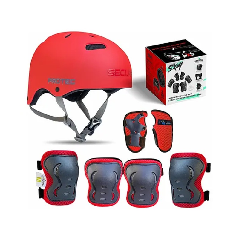 Jaspo Sx 4 Ultra Protective Set for Skating –  Cycling Helmet Set with Knee Pads Elbow Pads Wrist Guards –  Adjustable Helmet –  Protective Gear Set for Bicycle Roller Skating Skateboarding (Small – Red)