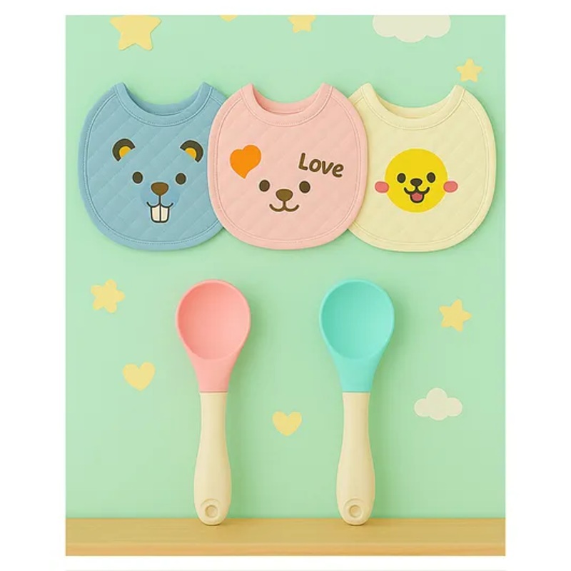 KIDS BASIC Premium Silicone 2 SpoonsWith Plastic Handle & 3 Knot Tie Printed Bibs – Pink, Green & Multicolor (Pack of 2)