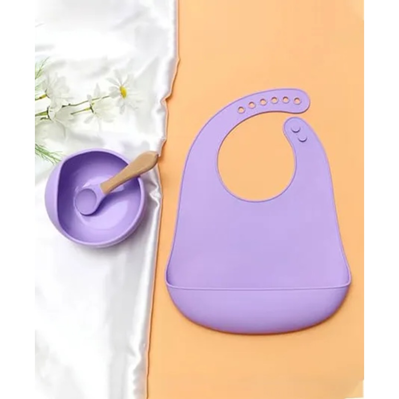 Kids Station 3 Piece BPA-Free Silicone Baby Feeding Set – Baby Bib – Spoon and Bowl – Make Mealtime Fun and Easy for Your Little One – Baby Self Feeding Habit – Purple