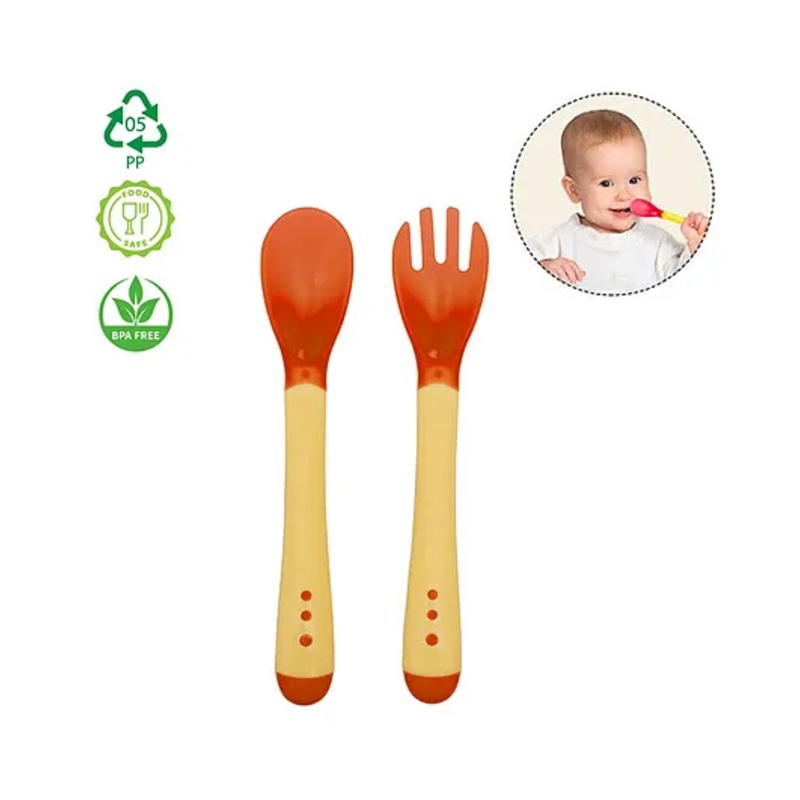 Safe-O-Kid BPA-Free Heat Sensitive Spoon and Fork Set  Non-Toxic, Safe, Soft Silicone Tips for Easy Baby Feeding, Changes Color to Indicate Food Temperature