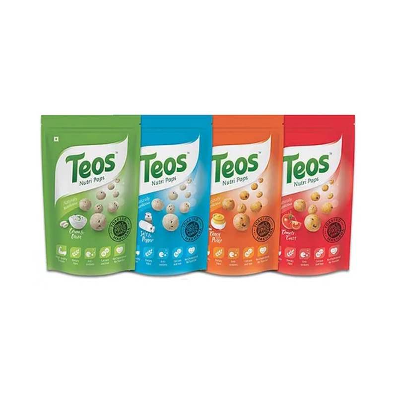 Teos Nutri Pops Roasted Makhana Cream & Onion Salt & Pepper Tangy Pickle & Tomato Twist (4 x 65 g)