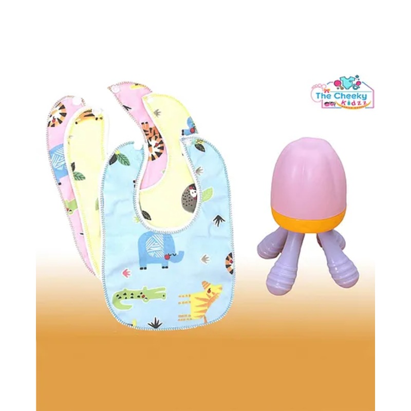 The Cheeky Kidzz Baby Food Feeder Silcone Fruit Vegetable Nibbler Octo Soother Teether BPA Free with 3 Cotton Feeding Bibs(MULTI-COLOR)