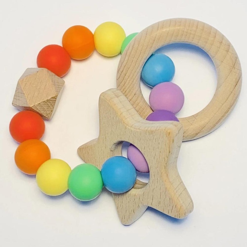 Sugar + Maple Silicone & Beechwood Teether – Rainbow Baby