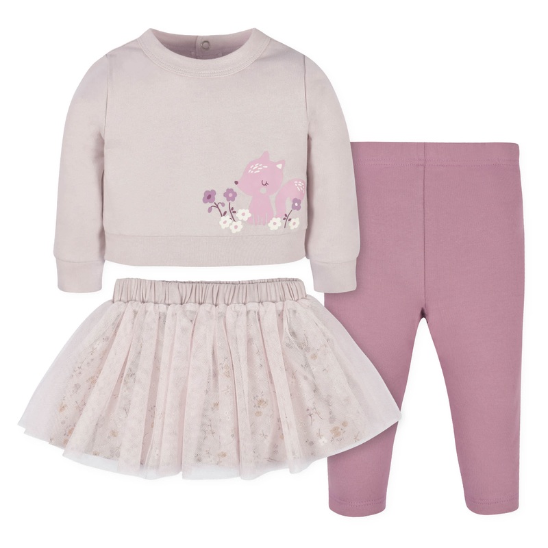 3-Piece Baby & Toddler Girls Purple Woodland French Terry Top, Tulle Tutu, & Legging Set
