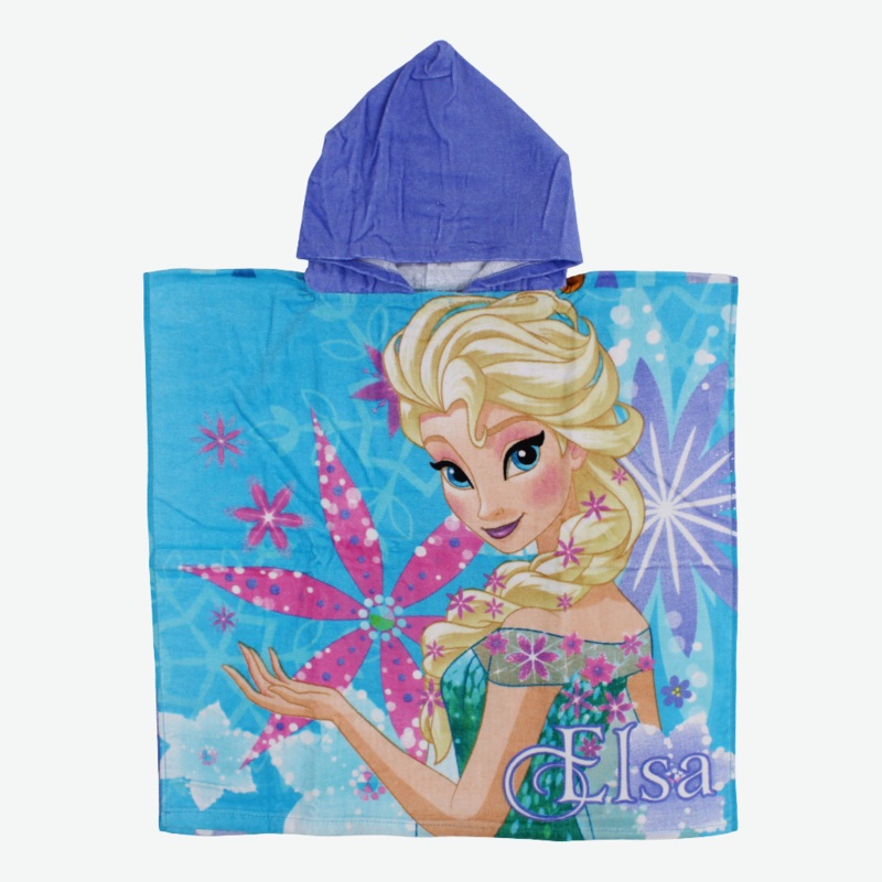 Girls Poncho Beach Towel with Hoodie -Aqua with Elsa Print