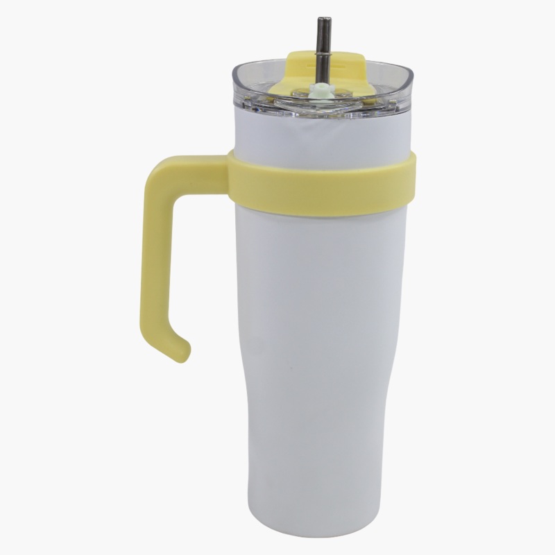 Large Stainless Steel Travel Mug  White with Yellow Handle