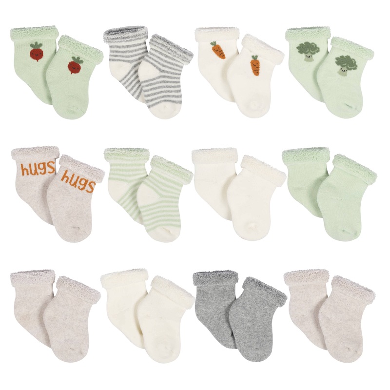 12-Pack Baby Neutral Happy Veggies Terry Wiggle Proof Socks