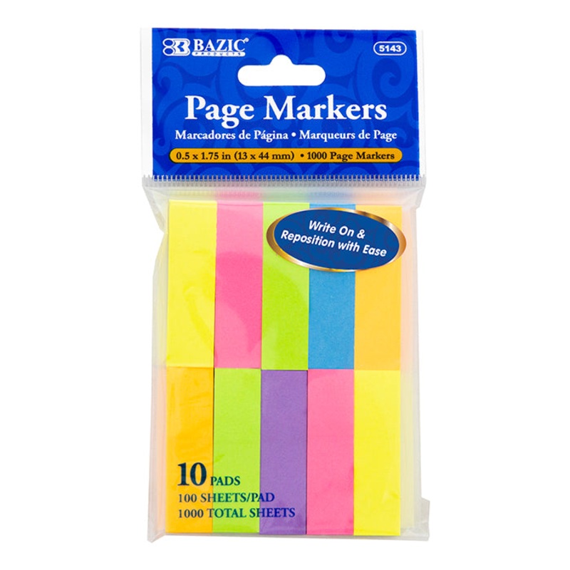 BAZIC 100 Ct. 0.5″ X 1.75″ Neon Page Markers (10/Pack)