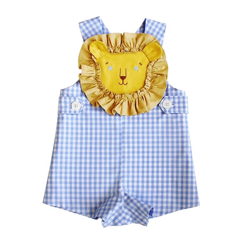 Gingham Lion Romper Blue