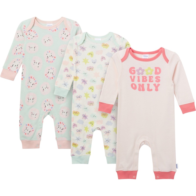 3-Pack Baby Girls Good Vibes Lap Shoulder Rompers